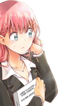 1girl aqua_eyes blush bokutachi_wa_benkyou_ga_dekinai book braid breasts cleavage collarbone dress_shirt highres holding holding_book jacket kirisu_mafuyu large_breasts long_hair shirt solo suit_jacket third-party_edit transparent_background tsutsui_taishi upper_body