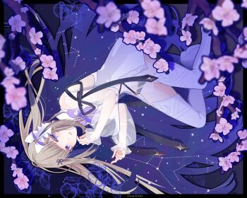 Rule 34 | 1girl, absurdly long hair, amanogawa shiina, amanogawa shiina (1st costume), aries (constellation), bare shoulders, black border, black panties, border, bow, bow panties, bowtie, brown hair, cancer (constellation), cherry blossoms, clothing cutout, colored eyelashes, colored inner hair, commentary, commission, constellation, dress, english commentary, expressionless, falling flower, flower, frilled sleeves, frills, hair bow, hair ribbon, hair spread out, highres, long hair, long sleeves, looking at viewer, lying, multicolored hair, on side, outside border, panties, parted lips, phase connect, pink flower, pixiv commission, pleated dress, puffy long sleeves, puffy sleeves, purple background, purple bow, purple bowtie, purple eyes, purple hair, purple ribbon, reean, ribbon, see-through clothes, see-through dress, see-through sleeves, short dress, shoulder cutout, sleeves past wrists, solo, thighhighs, two-tone hair, underwear, very long hair, virgo (constellation), virtual youtuber, white bow, white dress, white thighhighs