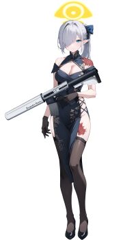 absurdres black_thighhighs breasts burning china_dress chinese_clothes cleavage dress emmeria flying_nimbus gloves grey_hair gun highres original scar thighhighs thighs weapon