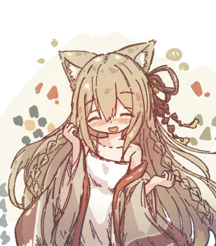 1girl animal_ears bare_shoulders blush braid brown_hair cat_ears cat_girl chipie_0114 closed_eyes commentary dress highres long_hair off_shoulder open_mouth original side_braid solo upper_body white_dress