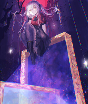 1girl absurdres ascot bang_dream! bang_dream!_it&#039;s_mygo!!!!! black_ascot black_boots black_pantyhose black_ribbon black_skirt blue_hair boots commentary floating_hair hair_ribbon highres latte_bf long_hair looking_at_viewer pantyhose picture_frame puppet_strings red_shirt ribbon shirt short_sleeves skirt solo togawa_sakiko yellow_eyes