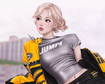 Rule 34 | 1girl, blackpink, blonde hair, breasts, brown eyes, highres, jacket, jewelry, k-pop, leather, leather jacket, lips, looking to the side, medium breasts, midriff, navel, necklace, open clothes, open jacket, rose (blackpink), short hair, solo, umigraphics