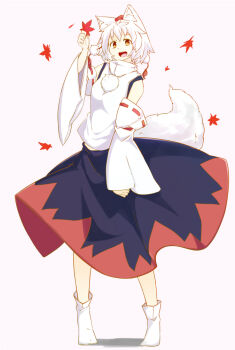 Rule 34 | 1girl, animal ears, autumn leaves, bare shoulders, detached sleeves, female focus, full body, hat, holding, inubashiri momiji, kokutei n, leaf, looking at viewer, midriff, open mouth, orange eyes, pom pom (clothes), short hair, silver hair, simple background, solo, tail, tokin hat, touhou, white background, wolf ears, wolf tail