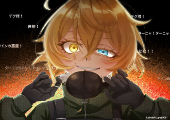 1girl ahoge blonde_hair blue_eyes clenched_teeth explosive grenade hair_between_eyes heterochromia highres long_sleeves looking_at_viewer military military_uniform naaaaaaaashi1037 open_mouth ponytail short_hair smile solo tanya_degurechaff teeth translation_request youjo_senki