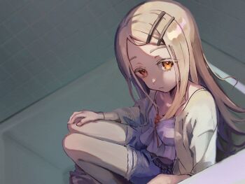 Rule 34 | 1girl, bathroom, bathtub, belt, black belt, blonde hair, blue shorts, breasts, camisole, closed mouth, colored eyelashes, commentary request, denim, denim shorts, fan request, flipped hair, fox001 inari, gakuen idolmaster, grey robe, hair ornament, hairclip, hand on own knee, highres, idolmaster, in bathtub, indoors, knees up, long hair, looking at viewer, midriff peek, open clothes, open robe, orange eyes, orange ribbon, parallel hairclips, parted bangs, ribbon, robe, rope belt, shinosawa hiro, shorts, sidelighting, sitting, small breasts, solo, tile wall, tiles, white camisole, wristband