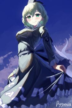1girl absurdres dress earmuffs ghost_tail green_dress green_eyes green_hair hat highres japanese_clothes kariginu long_sleeves ofuda ofuda_on_clothes pointy_hair ponytail pygrenix ritual_baton short_hair skirt smile soga_no_tojiko solo tate_eboshi touhou