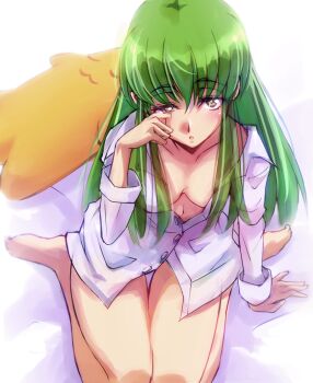 1girl bed breasts brown_eyes c.c. cheese-kun code_geass commentary full_body grey_hair highres lying medium_breasts navel pajamas solo stuffed_toy waking_up yawning yk-kz