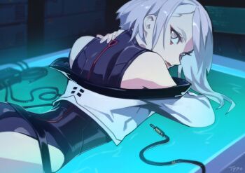 1girl afloat ass audio_jack blue_leotard cable closed_mouth commentary cropped_jacket cyberpunk:_edgerunners cyberpunk_(series) english_commentary eyeliner hand_on_own_shoulder highleg highleg_leotard highres jacket leotard lipstick looking_at_viewer lucy_(cyberpunk) makeup off_shoulder optionaltypo purple_eyes purple_hair red_eyeliner red_lips short_hair signature solo turning_head water white_jacket