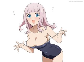 1girl bent_over blush breasts cleavage commentary coro_fae covered_navel cowboy_shot english_commentary fujiwara_chika highres kaguya-sama_wa_kokurasetai_~tensai-tachi_no_renai_zunousen~ large_breasts long_hair looking_at_viewer no_hair_ornament one-piece_swimsuit open_mouth pink_hair school_swimsuit simple_background solo strap_pull swimsuit white_background