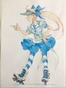 1girl apron back_bow blonde_hair blue_bow blue_eyes blue_pantyhose blue_shirt blue_skirt bow buttons carhop closed_mouth commentary_request finger_gun full_body hair_bow hand_on_own_hip highres inline_skates lapels long_hair miniskirt original pantyhose peter_salt roller_skates see-through_clothes see-through_headwear shirt skates skirt smile solo standing striped_clothes striped_pantyhose striped_thighhighs thighhighs traditional_media twintails vertical-striped_clothes vertical-striped_thighhighs visor_cap waist_apron waitress white_apron white_bow