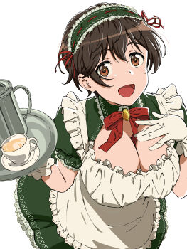 1girl :d alternate_costume apron between_breasts blush bow bowtie breasts brooch brown_eyes brown_hair carrying cleavage cleavage_cutout clothing_cutout coffee coffee_pot cup disposable_cup dr._gero_(staedtler_0508) dress enmaided female_focus frilled_apron frilled_dress frills gloves green_dress hand_on_own_chest headdress highres idolmaster idolmaster_cinderella_girls jewelry large_breasts leaning_forward looking_at_viewer maid maid_apron maid_headdress mug oikawa_shizuku open_mouth puffy_short_sleeves puffy_sleeves red_bow red_bowtie short_hair short_sleeves simple_background smile solo tareme teacup tray upper_body white_background