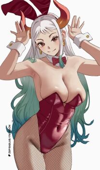 1girl animal_ears aqua_hair arms_up bow bowtie breasts cameltoe closed_mouth collarbone commentary commission covered_navel cowboy_shot detached_collar earrings fake_animal_ears fishnet_pantyhose fishnets gluteal_fold gradient_hair grey_hair highleg highleg_leotard highres hoop_earrings horns jewelry large_breasts leotard light_smile long_hair looking_at_viewer multicolored_hair one_piece pantyhose patreon_logo patreon_username playboy_bunny rabbit_ears rabbit_pose red_bow red_bowtie red_leotard skindentation solo strapless strapless_leotard symbol-only_commentary thigh_gap traditional_bowtie very_long_hair wrist_cuffs yamato_(one_piece) zefrableu