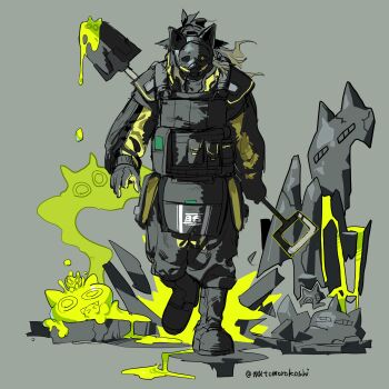 1girl acid arknights armor baggy_pants black_gloves black_hair black_pants bulletproof_vest covered_face faux_figurine floating_hair full_armor full_body gas_mask gloves glowing glowing_eyes grey_background highres holding holding_behind_back holding_shovel holding_weapon_behind_back jacket jessica_(arknights) jessica_(iron_block)_(arknights) long_hair long_sleeves looking_at_viewer mask mutomorokoshi pants ponytail reverse_grip rubble shoulder_armor shovel simple_background solo tactical_clothes twitter_username walking walking_towards_viewer yellow_eyes yellow_jacket