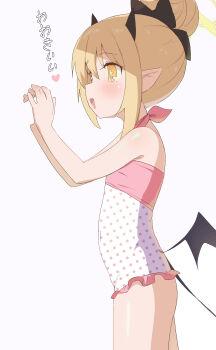 +_+ 1boy 1girl absurdres black_horns black_tail black_wings blonde_hair blue_archive commentary_request demon_girl demon_horns demon_tail demon_wings flat_chest from_side hair_bun halo halterneck handjob heart hetero highres horns ibuki_(anniversary_swimsuit)_(blue_archive) ibuki_(blue_archive) invisible_man official_alternate_costume one-piece_swimsuit open_mouth penis_grab pink_one-piece_swimsuit pointy_ears polka_dot_one-piece_swimsuit qkracho_(thesdroz) simple_background swimsuit tail translation_request two-handed_handjob white_background wings yellow_eyes yellow_halo