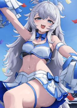1girl :3 absurdres black_sports_bra blue_bow blue_bowtie blue_eyes bow bowtie cheerleader crop_top fang goddess_of_victory:_nikke highres knee_up long_hair navel open_mouth pleated_skirt poli_(cheer_up_police)_(nikke) poli_(nikke) pom_pom_(cheerleading) shirt skirt small_chair_(xiaosaiyi33818) solo sports_bra stomach sweatdrop white_hair white_shirt white_skirt