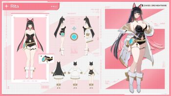 1girl animal_ears bare_shoulders black_corset black_hair black_shorts boots breasts chaos_zero_nightmare character_name coat colored_inner_hair commentary concept_art corset english_commentary gold_trim hair_ornament hand_on_own_chest jewelry large_breasts long_hair multicolored_hair multiple_views necklace official_art open_clothes pink_hair reference_sheet rita_(chaos_zero_nightmare) short_shorts shorts skindentation thigh_strap undersized_breast_cup very_long_hair white_boots white_coat yellow_eyes
