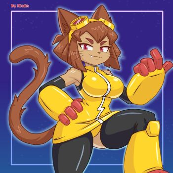 1girl animal_ears artist_name breasts brown_hair cat_ears cat_girl cat_tail closed_mouth commentary dress fang furry furry_female gameoverse goggles goggles_on_head hand_on_own_hip highres kit_bodega large_breasts looking_at_viewer red_eyes rioloin short_hair smile solo tail thick_eyebrows yellow_dress