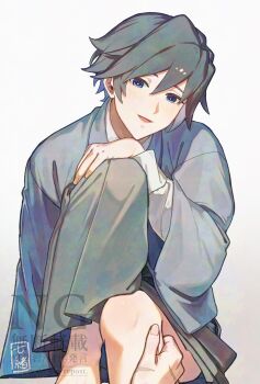 1boy absurdres alternate_hairstyle black_hair blue_kimono commentary_request grabbing_another's_leg gradient_background grey_hakama hakama highres japanese_clothes kimetsu_no_yaiba kimono long_sleeves looking_at_viewer male_focus open_mouth pov shirt short_hair smile solo_focus tomioka_giyuu water777s3 watermark white_background white_shirt