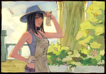 1girl apron belt black_border black_hair border closed_mouth cowboy_hat falling_petals gardening hand_on_own_hip hat highres medium_hair nico_robin one_piece outdoors petals purple_hat rygge sweatdrop