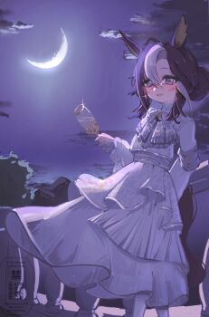 1girl absurdres animal_ears blue_eyes blush bow brown_hair crescent_moon cup dream_journey_(snow-white_dreamland)_(umamusume) dream_journey_(umamusume) dress drinking_glass eyewear_strap glasses hair_between_eyes hair_bun highres holding holding_cup horse_ears horse_girl horse_tail long_hair long_sleeves moon multicolored_hair night night_sky official_alternate_costume outdoors parted_lips saigyougi sky smile solo tail umamusume white_bow white_dress white_hair