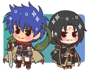 Rule 34 | 2boys, black hair, blue hair, cape, chibi, chibi only, commentary, commission, english commentary, facial mark, fire emblem, fire emblem: path of radiance, fire emblem heroes, forehead mark, green headband, headband, ike (fire emblem), lizally, long hair, male focus, multiple boys, nintendo, short hair, soren (fire emblem), sword, weapon