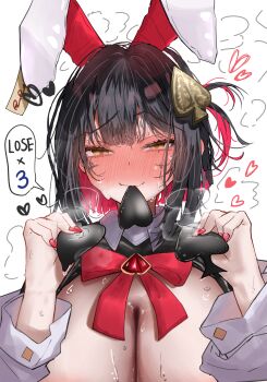 1girl absurdres animal_ear_hairband animal_ears black_hair black_shrug blush breasts closed_mouth colored_inner_hair embarrassed fake_animal_ears frontless_outfit goddess_of_victory:_nikke hair_ornament hairband heart_maebari heart_pasties highres hiphighs iwazaki large_breasts latex_shrug maebari multicolored_hair official_alternate_costume pasties rabbit_ears red_hair red_hiphighs removing_pasties reverse_bunnysuit reverse_outfit rouge_(nikke) rouge_(unlucky_rabbit)_(nikke) short_hair shrug_(clothing) smile solo spade_hair_ornament spade_pasties sweat wavy_mouth yellow_eyes