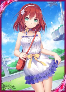 Rule 34 | 1girl, akkijin, aqua eyes, bag, blue sky, brown hair, card (medium), day, dress, female focus, floating island, flower, hair ornament, looking at viewer, official art, outdoors, pocketbook, ribbon, shinkai no valkyrie, short hair, sky, solo, star (symbol), white dress, yellow ribbon