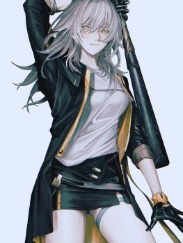 1girl absurdres arm_up baseball_bat black_gloves black_skirt breasts closed_mouth gloves grey_hair hair_between_eyes highres holding holding_baseball_bat honkai:_star_rail honkai_(series) ieririr long_hair looking_at_viewer medium_breasts shirt skirt solo stelle_(honkai:_star_rail) thighs trailblazer_(honkai:_star_rail) white_shirt yellow_eyes