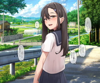 Rule 34 | 1girl, black hair, blue sailor collar, blue skirt, brown eyes, check commentary, commentary request, day, from behind, hair ornament, hairclip, highres, hill, house, long hair, looking at viewer, looking back, open mouth, original, outdoors, papino, pleated skirt, road, sailor collar, school uniform, serafuku, shirt, short sleeves, skirt, solo, speech bubble, straight hair, translation request, tree, white shirt