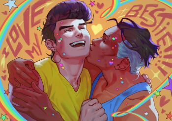 2boys adam&#039;s_apple arm_around_shoulder barbell_piercing bare_shoulders bisexual_flag_print black_hair blue_tank_top blush closed_eyes collarbone couple dark-skinned_male dark_skin diamond_wa_kudakenai ear_piercing earrings english_text ex0toxin facial_scar hand_on_another&#039;s_back hand_on_another&#039;s_chest hand_on_another&#039;s_shoulder heart higashikata_josuke highres jewelry jojo_no_kimyou_na_bouken kiss kissing_cheek laughing lgbt_pride male_focus mohawk multicolored_hair multiple_boys multiple_scars nijimura_okuyasu piercing pompadour rainbow scar scar_on_cheek scar_on_face shirt single_earring star_(symbol) tank_top thick_eyebrows transgender_flag transgender_flag_print transgender_symbol two-tone_hair yaoi yellow_tank_top
