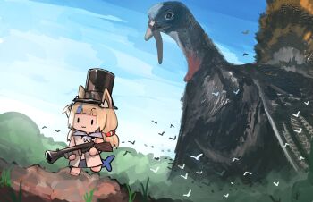 absurdres advarcher animal_ear_fluff animal_ears bird blonde_hair blue_streaks cat_ears dress fish_girl giant gun hat highres indie_virtual_youtuber lifebuoy_hair_ornament long_hair multicolored_hair sameko_saba streaked_hair tail thanksgiving top_hat virtual_youtuber weapon white_dress
