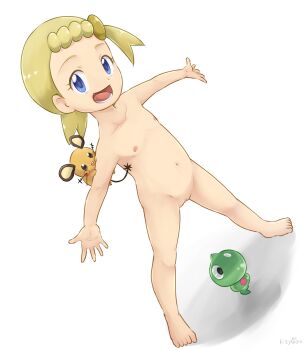 10s 1girl :d artist_name barefoot blonde_hair blue_eyes blush bonnie_(pokemon) clitoral_hood completely_nude dedenne dutch_angle feet female_focus flat_chest full_body gen_6_pokemon hair_ornament hairclip highres kijouyu legendary_pokemon legs_apart loli looking_at_viewer navel nintendo nipples nude open_hand open_mouth outstretched_arms pokemon pokemon_(anime) pokemon_(creature) pokemon_xy_(anime) pussy side_ponytail simple_background smile spread_arms standing toes uncensored white_background zygarde zygarde_core