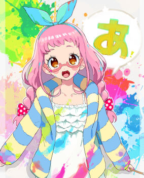 1girl :d artist_painter blue_hairband blue_jacket bow bow_hairband braid brown_eyes commentary_request glasses hair_bow hairband jacket kiki_ajimi long_hair long_sleeves looking_at_viewer low_twin_braids moudoku_(decopon3rd) open_clothes open_jacket open_mouth paint_splatter paint_stains pink-framed_eyewear pink_bow pink_hair polka_dot polka_dot_bow pretty_series pripara shirt smile solo speech_bubble translation_request twin_braids white_shirt