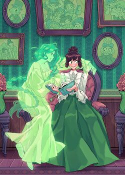 5boys 6+girls aristocratic_clothes blush cat_boy dress flower folded_fan folding_fan furry furry_female furry_male ghost ginkoseed gown grin hand_fan highres looking_at_another multiple_boys multiple_girls nightgown original photo_(object) picture_frame rabbit_girl red_flower red_rose rose sitting smile vase victorian yuri