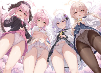 4girls ahoge azusa_(blue_archive) bare_shoulders beret black_dress black_headwear black_sailor_collar black_shirt black_wings blue_archive blue_sailor_collar blue_skirt blush bow bowtie braid breasts brown_eyes brown_pantyhose buttons closed_mouth clothes_lift crop_top crop_top_overhang crossed_bangs disgust double-breasted dress feathered_wings flower green_eyes hair_between_eyes hair_bow hair_flower hair_ornament hair_ribbon halo hanako_(blue_archive) hat head_wings hifumi_(blue_archive) highres iya_na_kao_sare_nagara_opantsu_misete_moraitai jacket koharu_(blue_archive) large_breasts light_brown_hair loli long_hair long_sleeves looking_at_viewer low_twintails milkshakework miniskirt multi-strapped_panties multiple_girls neckerchief off_shoulder open_clothes open_jacket open_mouth panties panties_under_pantyhose pantyhose pink_bow pink_eyes pink_hair pink_neckerchief pink_skirt pleated_skirt purple_eyes ribbon sailor_collar shirt short_sleeves side_braid skirt skirt_lift small_breasts smile thighband_pantyhose thighs twintails underboob underwear upskirt white_hair white_jacket white_panties white_sailor_collar white_shirt white_skirt white_wings wing_hair_ornament wings yellow_bow yellow_neckerchief