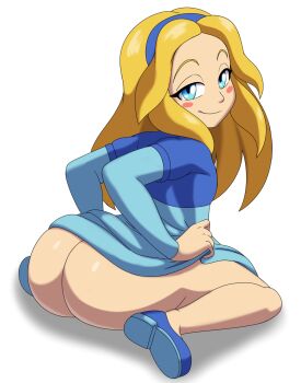 1girl ass blonde_hair blue_dress blue_eyes blue_hairband blue_shoes blush blush_stickers closed_mouth clothes_lift dress dress_lift from_behind full_body hairband highres huge_ass kyojiri_loli loli long_hair long_sleeves looking_at_viewer looking_back maria_robotnik mechspazer no_panties shoes simple_background sitting smile solo sonic_(series) wariza white_background