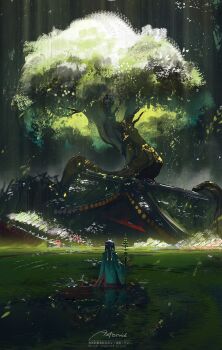 abandoned absurdres architecture artist_name asteroid_ill black_hair building commentary_request dappled_sunlight east_asian_architecture facing_ahead falling_leaves flower green_flower headband highres holding holding_staff japanese_clothes leaf long_hair montsuki moss nature original plant plant_roots ponytail purple_flower red_flower reflection reflective_liquid ruins scenery shakujou sheath sheathed solo staff sunlight tree water waterfall watermark weapon