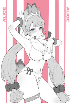 1girl absurdres alice_thymefield alternate_costume animal_ears arm_up armpits bare_shoulders bikini blush breasts character_name chinese_commentary cleavage collarbone commentary_request fingernails greyscale_with_colored_background hair_ornament hairband halterneck hand_up highres large_breasts long_fingernails long_hair looking_at_viewer navel pout rabbit_ears rabbit_girl rabbit_tail shadow_lxy solo sphere_hair_ornament stomach swimsuit tail thigh_strap thighs twintails very_long_hair zenless_zone_zero