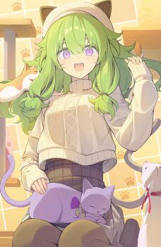 1girl :d absurdres animal animal_ear_headwear animal_ears animal_on_lap aran_sweater black_shoes blush breasts brown_pantyhose cable_knit cat cat_ears cat_on_lap cat_tail commentary cropped_sweater fake_animal_ears green_hair hair_between_eyes hair_flaps hand_up hat high-waist_skirt highres indoors kneeling kusanagi_nene long_hair long_sidelocks long_sleeves looking_at_viewer low-tied_sidelocks medium_breasts official_alternate_costume on_lap open_mouth pantyhose paw_print petting plaid_clothes plaid_skirt project_sekai purple_cat purple_eyes ribbed_sweater shoes sidelocks skirt sleeves_past_wrists smile solo sora_(men0105) sweater tail turtleneck turtleneck_sweater white_cat yellow_sweater you_are_my_hero!!_(project_sekai)