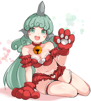 1girl alternate_costume animal_collar animal_hands bell bloomers blush_stickers bra breasts cleavage clothing_cutout collar collarbone commentary curly_hair frilled_thigh_strap gloves green_eyes green_hair heart_cutout highres horns huyusilver jingle_bell komainu_ears komainu_girl komano_aunn long_hair looking_at_viewer midriff navel neck_bell open_mouth paw_gloves red_bloomers red_bra red_collar single_horn sitting sleeve_garter smile solo teeth thigh_strap touhou underwear upper_teeth_only very_long_hair