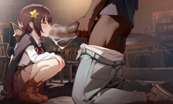 1boy 1girl 3d_background age_difference black_cape blush boots brown_boots brown_skirt cape censored dark-skinned_male dark_skin fellatio from_side full_body hair_ornament half-closed_eyes hands_on_own_knees hetero huge_penis indoors interracial komekko kono_subarashii_sekai_ni_shukufuku_wo! large_variant_set legs_together loli long_sleeves looking_at_penis low_twintails mosaic_censoring oral penis precum profile red_eyes saliva shirt short_hair short_twintails skirt solo_focus squatting star_(symbol) star_hair_ornament twintails variant_set very_dark_skin white_shirt yoko-chan_(mijizukeyoko)