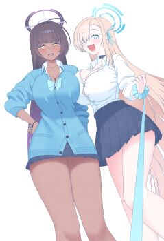 absurdres asuna_(blue_archive) asuna_(school_uniform)_(blue_archive) asymmetrical_bangs black_hair blonde_hair blue_archive blue_bow blue_bowtie blue_cardigan blue_eyes blue_halo blue_ribbon blue_scrunchie blush bow bowtie breasts button_gap cardigan choker cleavage collared_shirt dark-skinned_female dark_skin hair_over_one_eye hair_ribbon halo highres holding holding_leash karin_(blue_archive) karin_(school_uniform)_(blue_archive) large_breasts leash long_hair looking_at_viewer loose_bowtie parangmuru pleated_skirt pov purple_halo ribbon school_uniform scrunchie shirt skirt viewer_on_leash white_shirt wrist_scrunchie yellow_eyes
