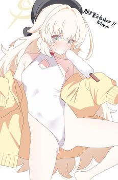 1girl above-cleavage_cutout beret black_hat blonde_hair blue_archive blush censored clothing_cutout commentary cosplay fluffy_hair food green_eyes hair_intakes halo hat highleg highleg_one-piece_swimsuit highres jacket kanimiso30601 long_hair looking_at_viewer mosaic_censoring one-piece_swimsuit open_clothes open_jacket paid_reward_available popsicle professor_niyaniya_(blue_archive) seia_(blue_archive) seia_(blue_archive)_(cosplay) seia_(swimsuit)_(blue_archive) side_ahoge solo swimsuit tears untranslatable_commentary visor_cap white_background white_one-piece_swimsuit yellow_halo yellow_jacket