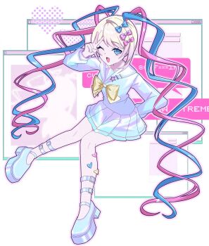 1girl ;d absurdres arm_behind_back blonde_hair blue_eyes blue_hair blue_serafuku chest_bow chouzetsusaikawa_tenshi-chan colored_tips english_text full_body highres kiring_xox knees_together_feet_apart multicolored_hair needy_girl_overdose one_eye_closed open_mouth pigeon-toed pink_hair platform_sandals quad_tails sandals school_uniform serafuku sidelocks smile solo v window_(computing)