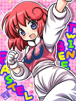 Rule 34 | 1girl, arm up, blue eyes, character name, commentary request, copyright name, cowboy shot, dated, dutch angle, gloves, hand up, highres, looking at viewer, outline, panties, pastel (twinbee), pink shirt, puffy sleeves, red hair, shirt, short hair, signature, sleeveless, sleeveless shirt, solo, standing, twinbee, underwear, waving, white gloves, white outline, white panties, white shirt, yukiyo kato