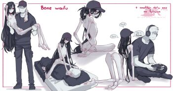 1boy 1girl absurdres anus arm_over_shoulder arm_support baseball_cap bent_over bite_mark bite_mark_on_arm black_hair blanket bone_waifu_(popopoka) carrying character_name closed_mouth collarbone colored_skin controller cowgirl_position emaciated game_controller grey_hat grey_pants grey_shirt hands_on_another's_face hat headphones hetero highres holding holding_controller holding_game_controller long_hair lying mattress nipples on_back one_side_up open_mouth original pale_skin pants pentagram pillow playing_games ponytail popopoka princess_carry pussy pussy_juice red_eyes ribs seiza shirt sitting smile speech_bubble spread_anus straddling sweat sweatdrop talking very_long_hair white_background white_skin