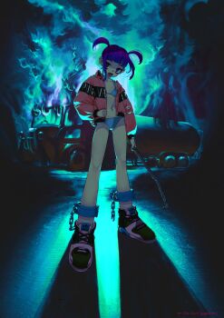 1girl absurdres backlighting bikini bikini_under_clothes blue_fire blunt_bangs breasts burning burning_vehicle chain clothes_writing cuffs fang fire full_body green_shoes green_sneakers highres holding holding_lead_pipe jacket lead_pipe long_hair long_sleeves looking_at_viewer motor_vehicle open_clothes open_jacket original pink_jacket puffy_long_sleeves puffy_sleeves purple_eyes purple_hair shackles shoes sidelocks small_breasts smile smoke sneakers solo standing swimsuit twintails yu_(stdio_nameraka)