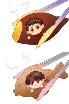 2boys :< :3 absurdres ace_attorney brown_eyes brown_hair chinese_commentary closed_mouth commentary_request food frown headband highres in_food kaze_(yznyttdgs) kazuma_asogi male_focus mini_person miniboy multiple_boys red_headband ryunosuke_naruhodo smile sweet_potato taiyaki the_great_ace_attorney tongs wagashi white_background