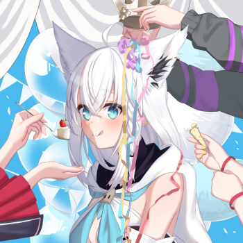 4girls :q ahoge animal_ear_piercing animal_ears blue_eyes blush character_request commentary_request crown extra_ears feeding fox_ears fox_girl highres holding holding_crown holding_spoon hololive inugami_korone long_hair long_sleeves looking_to_the_side multiple_girls nekomata_okayu nekomata_okayu_(1st_costume) ookami_mio shirakami_fubuki shirakami_fubuki_(1st_costume) solo_focus spoon ta_shiuji30 tongue tongue_out upper_body virtual_youtuber white_hair