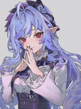 Rule 34 | 1girl, absurdres, ahoge, ascot, black nails, blush, bow, bowtie, breast curtains, breasts, center frills, chise (cym23730), closed mouth, drill hair, drill sidelocks, fingernails, frilled sleeves, frills, gem, grey background, hairband, hashtag-only commentary, highres, long hair, looking at viewer, medium breasts, mole, mole under eye, mole under mouth, own hands together, pointy ears, purple ascot, purple bow, purple bowtie, purple gem, purple hair, purple hairband, red eyes, shrug (clothing), sidelocks, simple background, solo, vivian banshee, white shrug, zenless zone zero